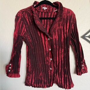 AGORA Vintage Deep Red Crimped Taffeta Jeweled Button-Front Women's Top - L
